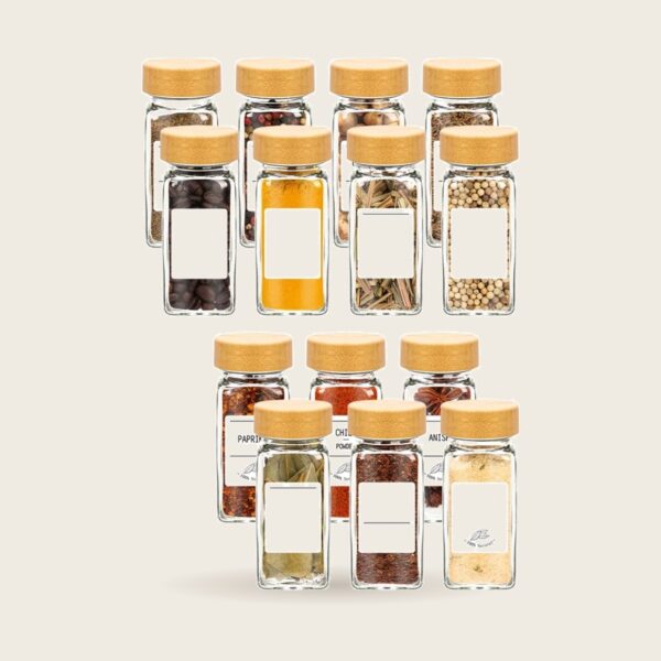 Glass Spice Jars with Bamboo Lids, Set of 12