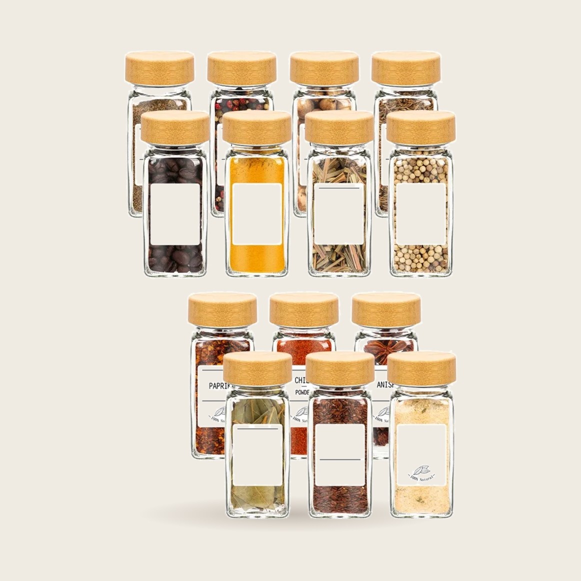 Glass Spice Jars with Bamboo Lids, Set of 12