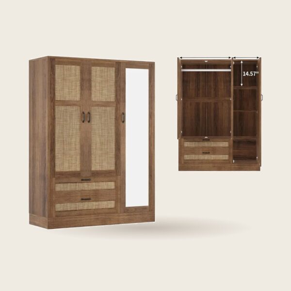 Rattan Armoire Wardrobe with Mirror