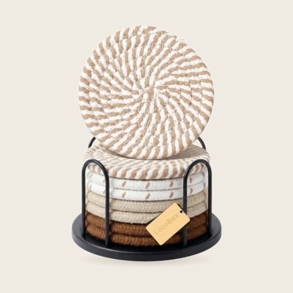 Woven Rope Coasters with Holder, Set of 8